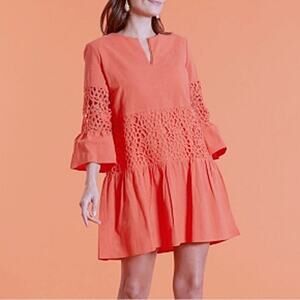 Tyler Boe Izzy Eyelet Mini Shift Dress Coral 3/4 Bell Sleeve Cotton Womens XL